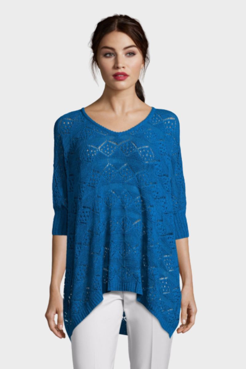 Jersey mujer, suéter, top fluido punto calado geométrico, manga 3/4, cuello pico, estilo oversize, cómodo, versátil, talla S/M, tendencia primavera-verano, color azul intenso ✅Entrega 24/48h