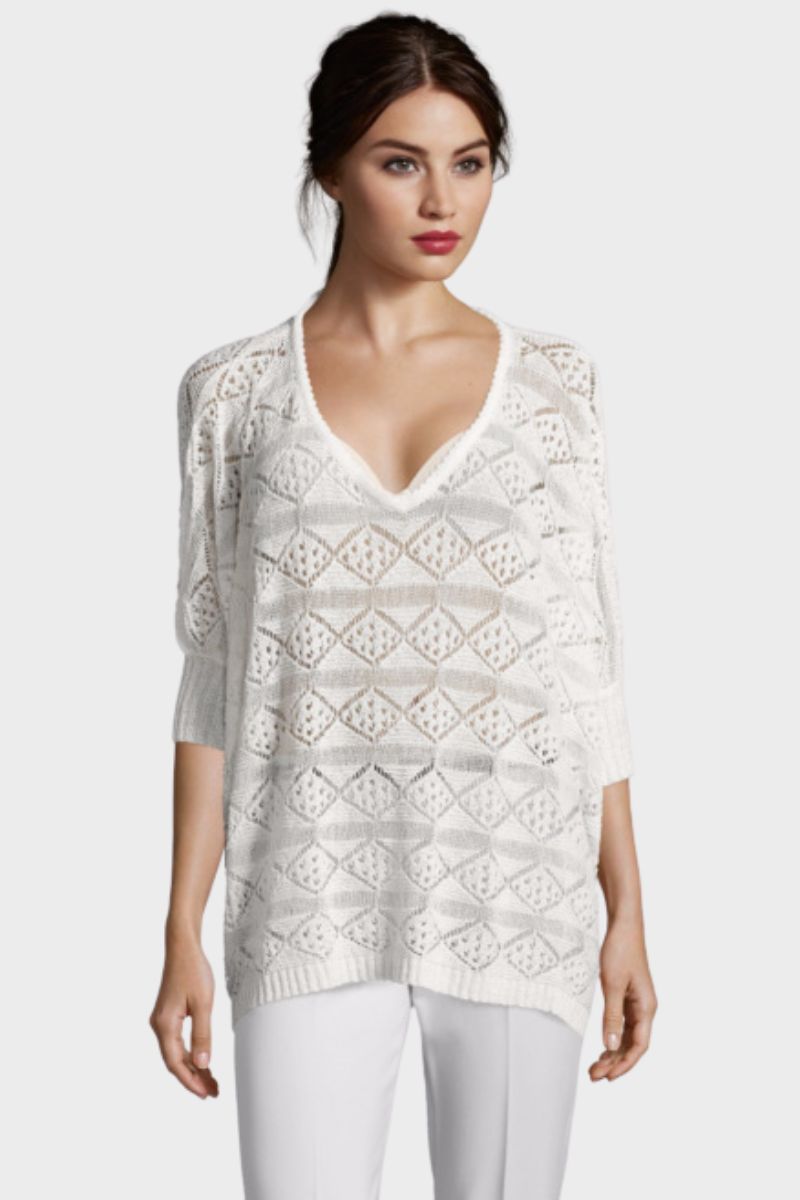 Suéter calado mujer, top punto geométrico, manga tres cuartos, viscosa transpirable, estilo casual, cuello en V, fluido, tallas S/M, color blanco, elegante y versátil ✅Entrega 24/48h