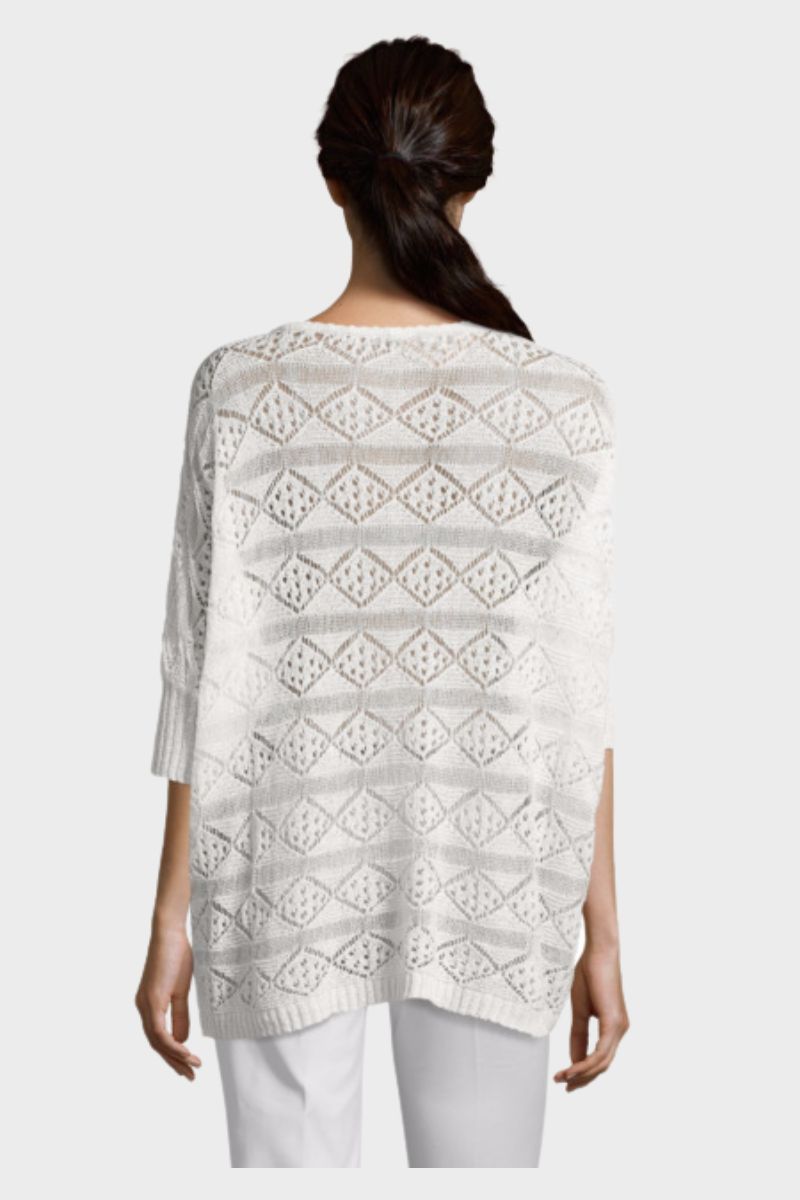 Suéter calado mujer, top punto geométrico, manga tres cuartos, viscosa transpirable, estilo casual, cuello en V, fluido, tallas S/M, color blanco, elegante y versátil ✅Entrega 24/48h