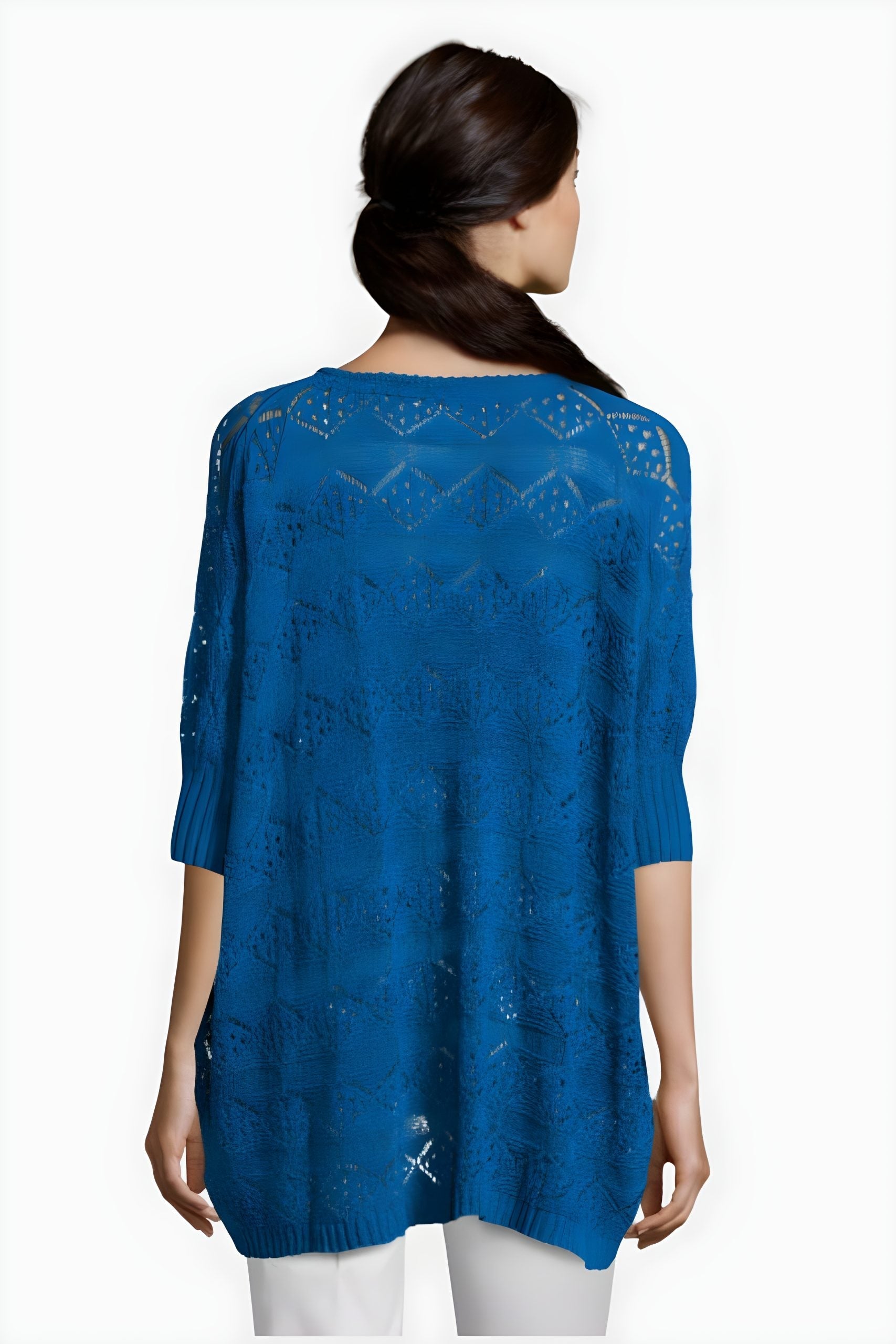 Jersey mujer, suéter, top fluido punto calado geométrico, manga 3/4, cuello pico, estilo oversize, cómodo, versátil, talla S/M, tendencia primavera-verano, color azul intenso ✅Entrega 24/48h