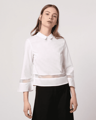Blusa mujer, camisa elegante transparente, franjas semitransparentes, manga 3/4, cuello clásico redondo, cierre cremallera, poliéster, corte recto, color blanco, talla M, versátil para oficina y casual ✅Entrega 24/48h