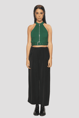Top halter mujer cremallera frontal cinturón ajustable outfit moderno urbano tendencia 2024 corte crop color verde talla S tela ligera cómodo versátil ideal pantalones anchos faldas looks audaces ✅Entrega 24/48h