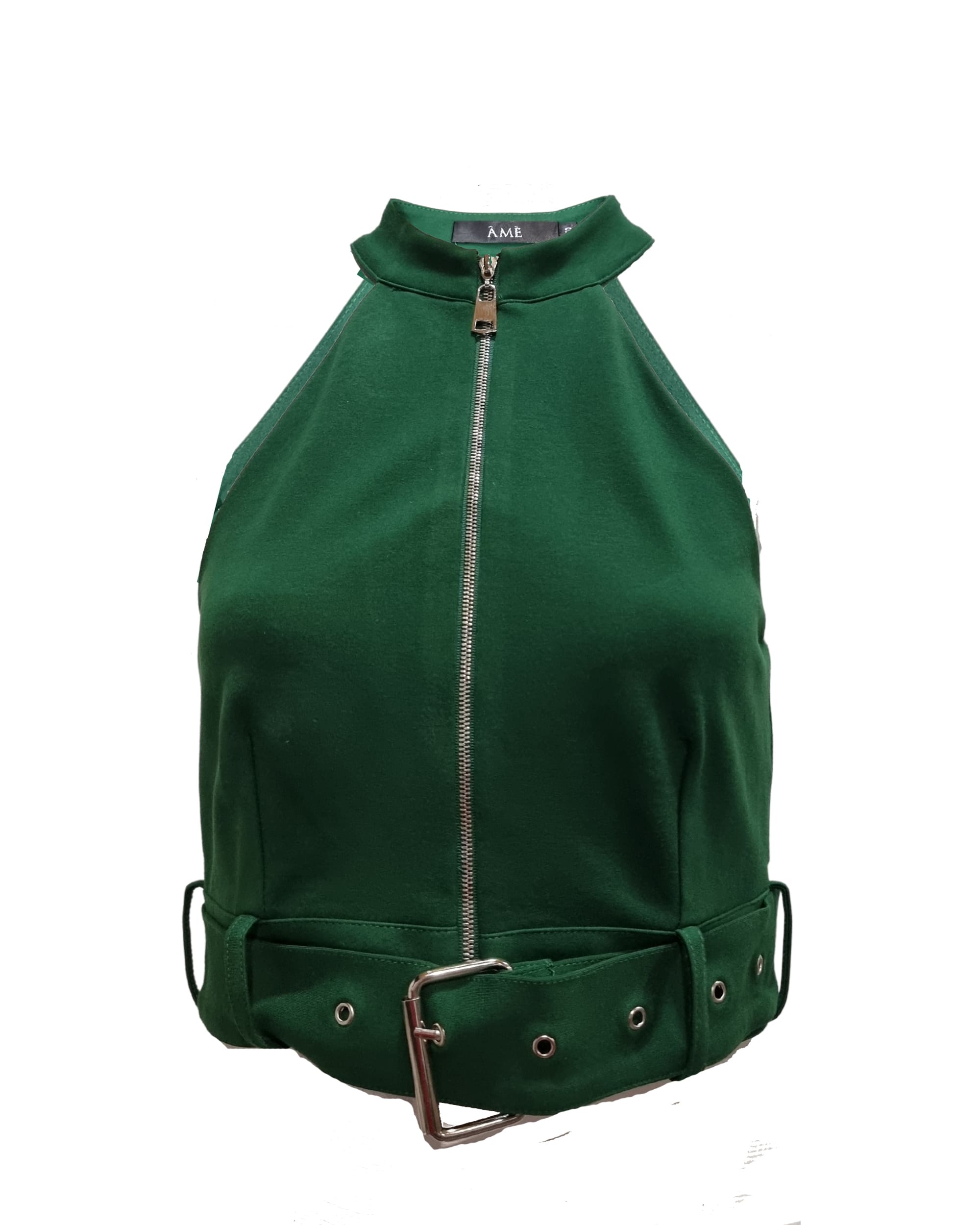Top halter mujer cremallera frontal cinturón ajustable outfit moderno urbano tendencia 2024 corte crop color verde talla S tela ligera cómodo versátil ideal pantalones anchos faldas looks audaces ✅Entrega 24/48h