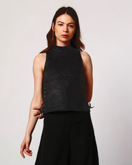 Top mujer, blusa sin mangas, diseño recto cuello perkins, cordón ajustable laterales, cierre cremallera, tejido poliéster, estilo moderno elegante, color negro, talla S disponible, cómodo y versátil ✅Entrega 24/48h