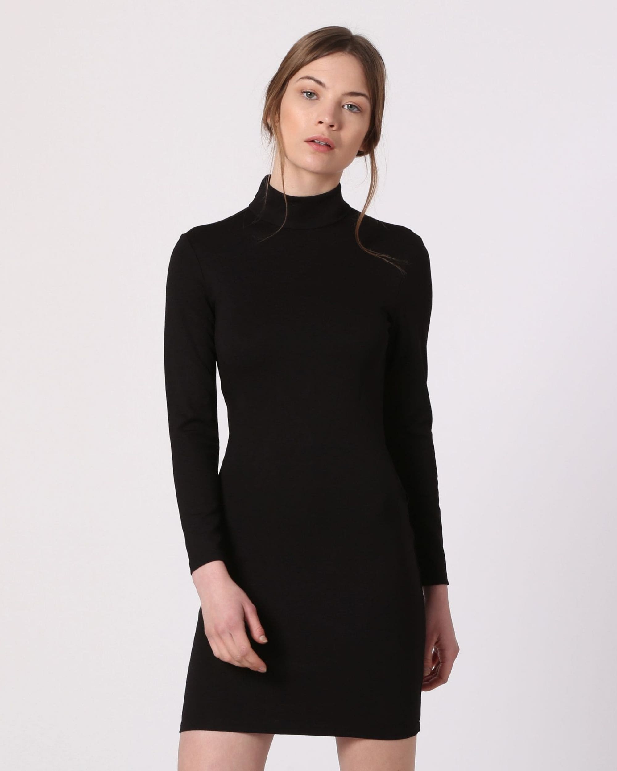 Vestido mujer ajustado manga larga, dress cuello alto, elegante, tejido elástico, corte mini bodycon, estilo sofisticado oficina fiesta, color negro, talla XS, versátil y cómodo ✅Entrega 24/48h