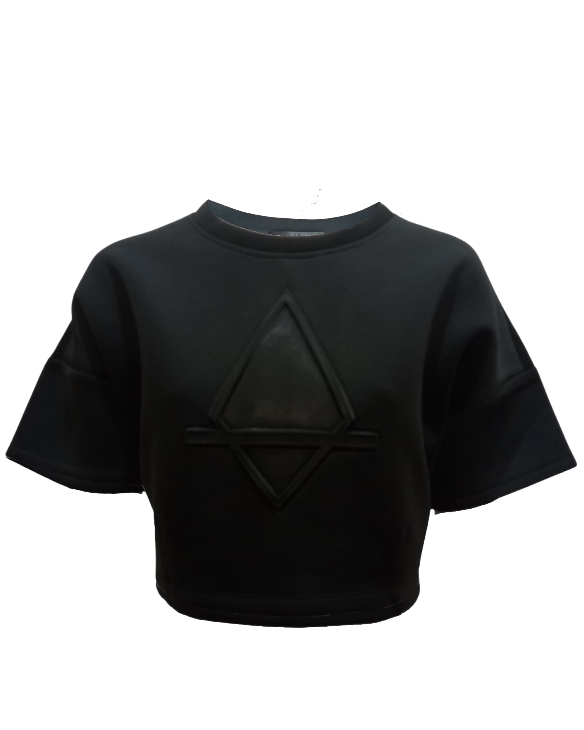 Top mujer crop blusa camiseta neopreno manga corta hombro caído cuello redondo diseño geométrico cómodo moderno estilo casual talla S negro versátil ideal primavera verano ✅Entrega 24/48h