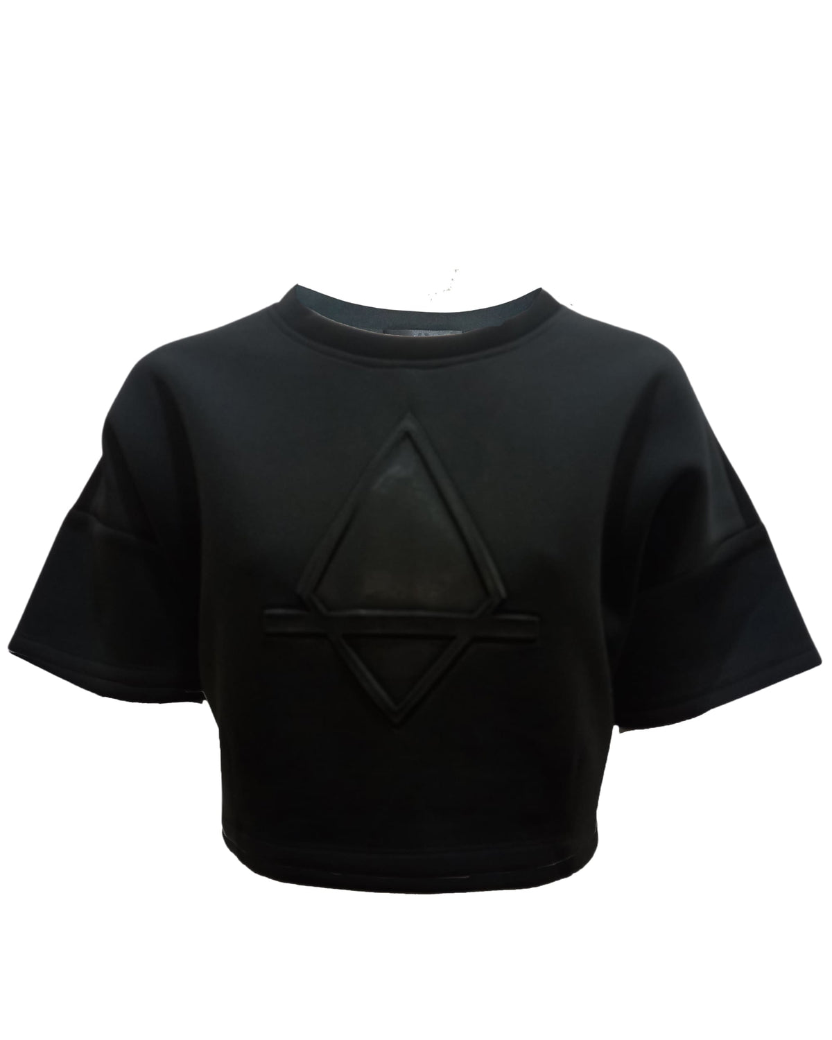 Top mujer crop blusa camiseta neopreno manga corta hombro caído cuello redondo diseño geométrico cómodo moderno estilo casual talla S negro versátil ideal primavera verano ✅Entrega 24/48h