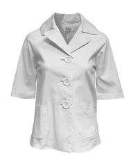 Chaqueta trench mujer, blazer corta, cuello solapa, manga tres cuartos, lino poliéster, botones decorativos, estilo urbano elegante, talla M, color blanco, fresca, sofisticada, versátil, oficina, casual, ✅Entrega 24/48h