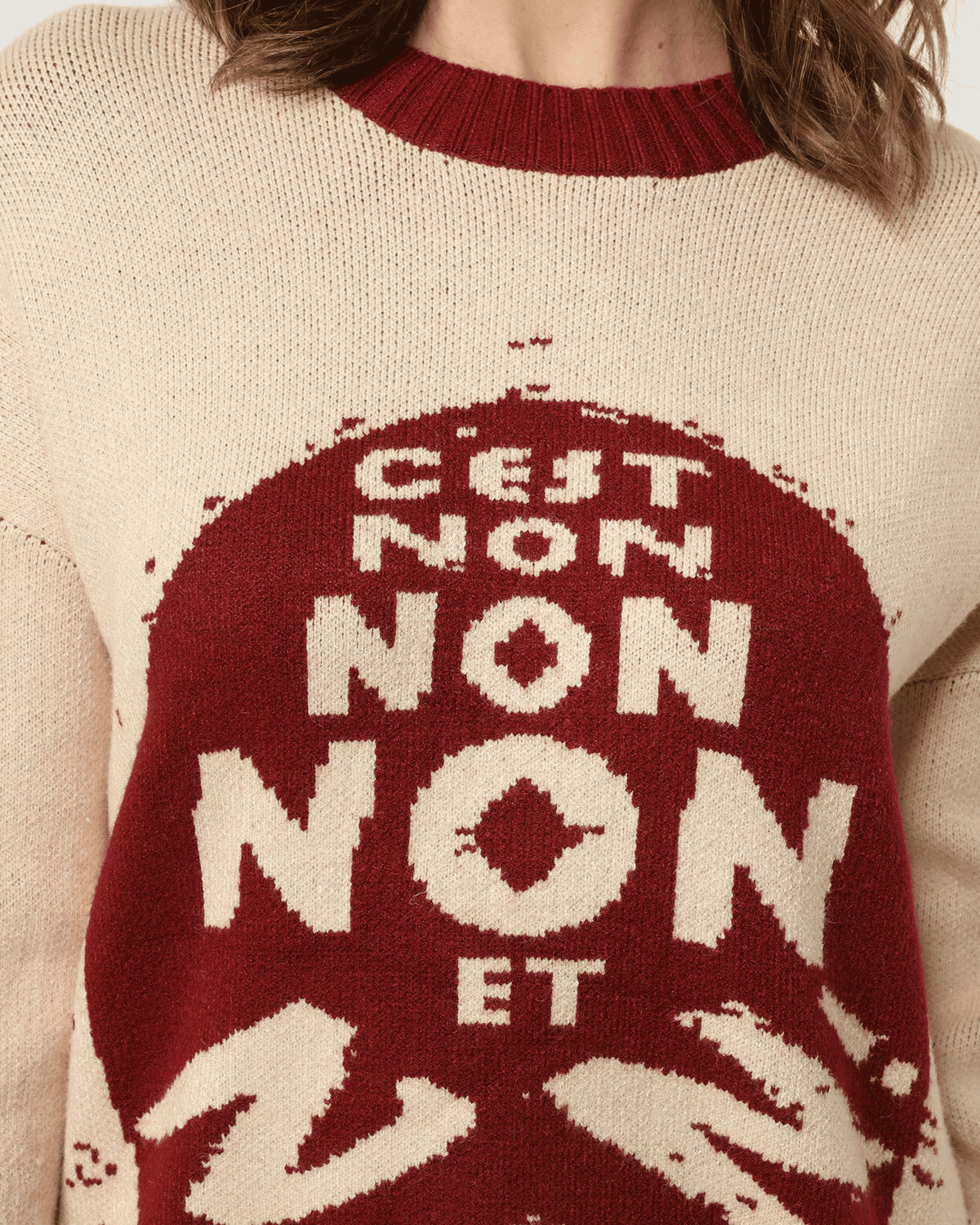 Jersey suéter punto mujer estampado letras lana mixta cuello redondo manga larga diseño moderno colores rojo crudo talla L ideal otoño invierno cómodo versátil casual ✅Entrega 24/48h