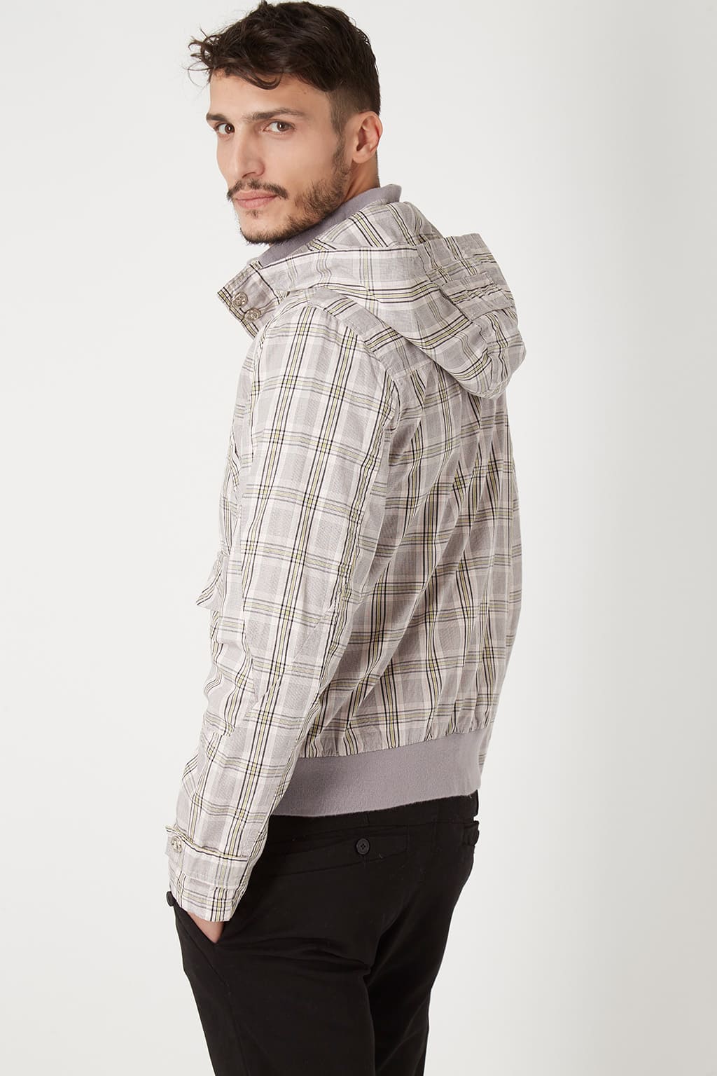 Chaqueta hombre impermeable cuadros, abrigo nylon acolchado, capucha desmontable, cuello alto, cierre cremallera, forro guateado, estilo casual, talla L, color gris, ligera cómoda versátil ✅Entrega 24/48h