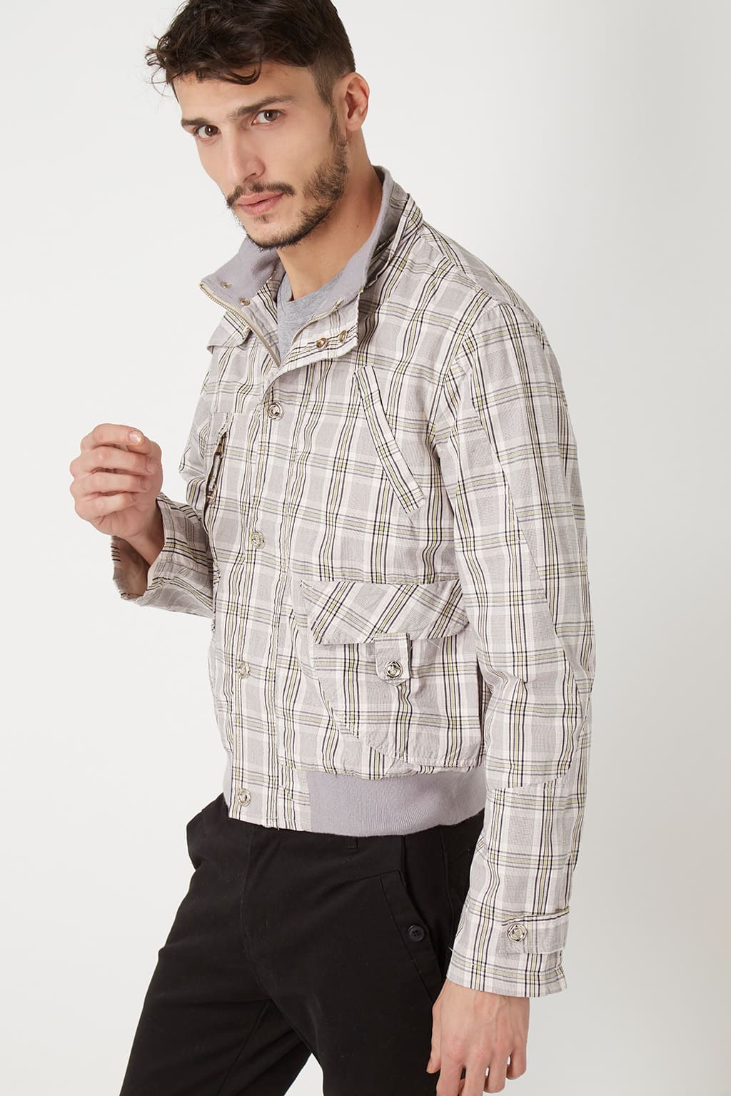 Chaqueta hombre impermeable cuadros, abrigo nylon acolchado, capucha desmontable, cuello alto, cierre cremallera, forro guateado, estilo casual, talla L, color gris, ligera cómoda versátil ✅Entrega 24/48h