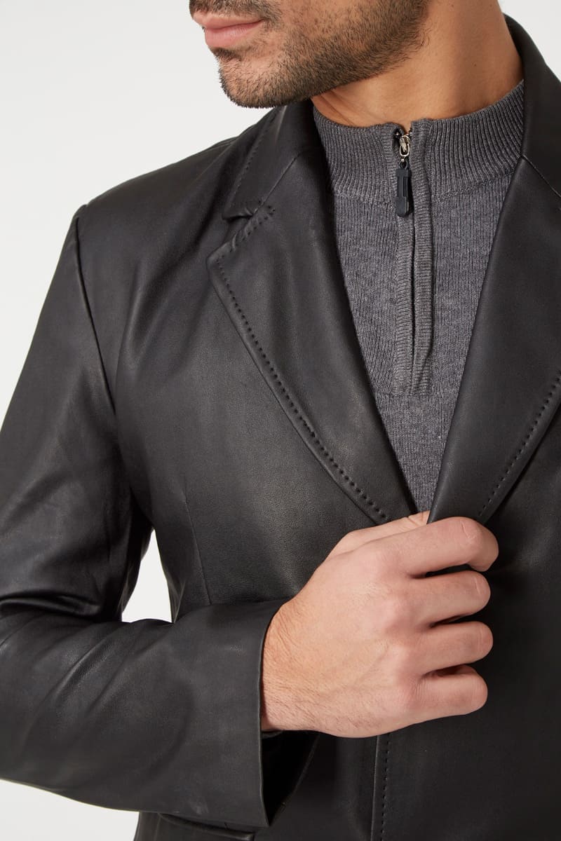 Blazer efecto piel sintética chaqueta formal americana hombre War Wolf cuello clásico manga larga 3 bolsillos cierre botones color negro talla L elegante y versátil ✅Entrega 24/48h