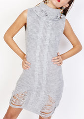 Vestido mujer punto grueso, dress sin mangas, cuello alto, estilo moderno, detalle rotos, ajuste oversize, cómodo, versátil, color gris, talla única, outfit ideal otoño invierno, fácil combinación ✅Entrega 24/48h
