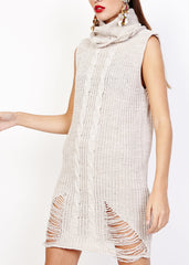 Vestido mujer punto grueso sin mangas dress outfit cuello alto beige talla única corte mini estilo casual tejido cómodo ideal invierno otoño look versátil elegante tejido suave ✅Entrega 24/48h