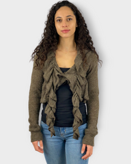 Chaqueta corta mujer punto marrón, cardigan, diseño volantes delantero, cuello V, manga larga, única talla, estilo casual y elegante, suave, cómoda, versátil, ideal entretiempo ✅Entrega 24/48h