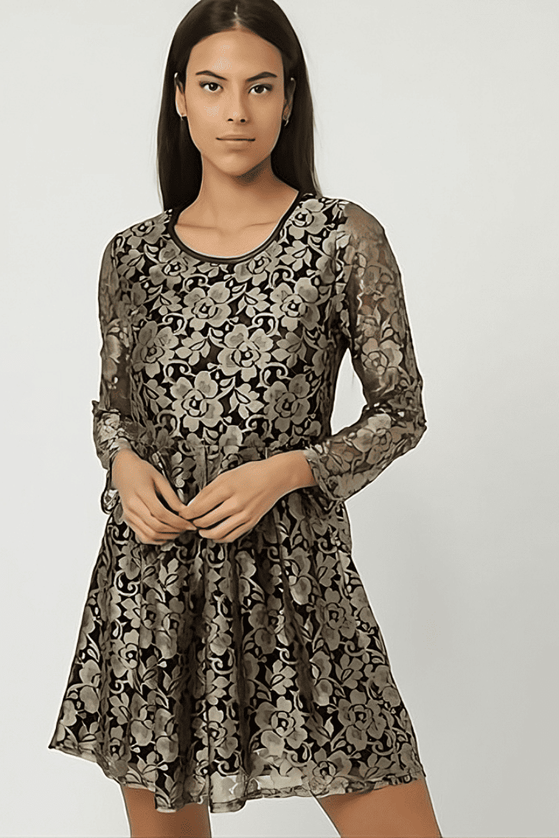 Vestido corto mujer dress outfit encaje bordado hilo metalizado Tanna 8513 escote redondo manga larga elegante fiesta dorado talla L cómodo versátil cierre cremallera ✅Entrega 24/48h