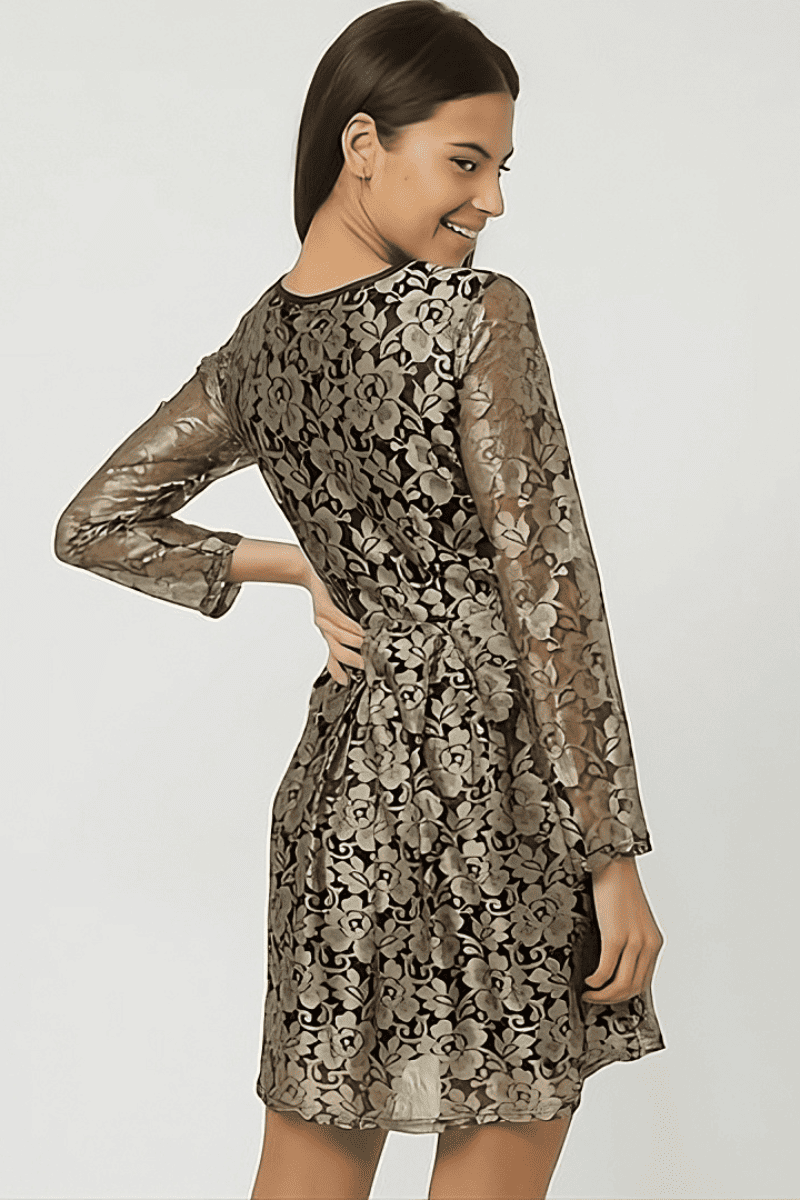 Vestido corto mujer dress outfit encaje bordado hilo metalizado Tanna 8513 escote redondo manga larga elegante fiesta dorado talla L cómodo versátil cierre cremallera ✅Entrega 24/48h