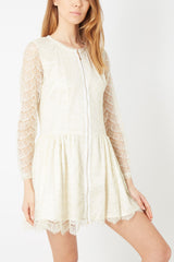 Vestido dress outfit tejido encaje bordado hilo metalizado corto manga larga cuello redondo cierre cremallera delantero elegante cómodo femenino Blanco talla L ✅Entrega 24/48h