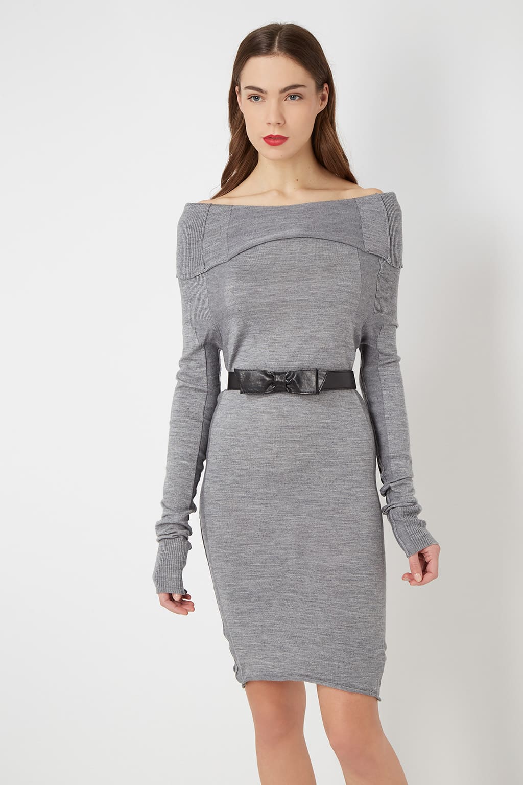 Vestido jersey mujer, dress outfit canalé, escote caído, lana suave, manga larga, cinturón extraíble, corte ajustado, estilo casual elegante, gris, talla L, cómodo y versátil ✅Entrega 24/48h