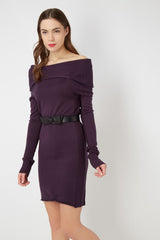 Vestido mujer tipo jersey, dress punto lana, escote caído, manga larga, cinturón extraíble, corte ajustado, canalé, moda elegante cómoda, color morado, talla M, outfit versátil ideal diario noche ✅Entrega 24/48h
