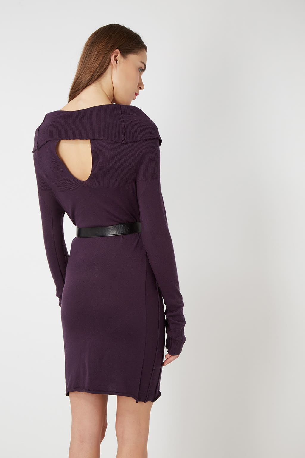 Vestido mujer tipo jersey, dress punto lana, escote caído, manga larga, cinturón extraíble, corte ajustado, canalé, moda elegante cómoda, color morado, talla M, outfit versátil ideal diario noche ✅Entrega 24/48h