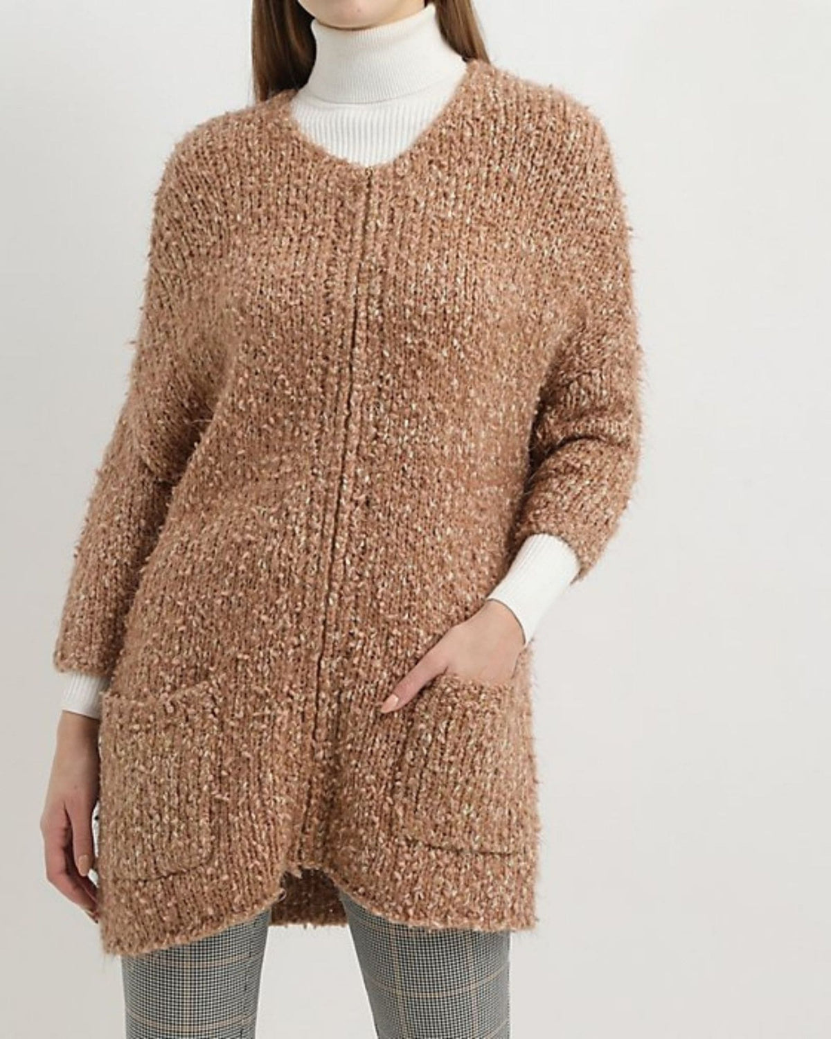 Chaqueta cardigan largo mujer punto oversize, suéter abierto, modelo Modaland 86113 rosa, bolsillos delanteros, cierre cremallera, cuello redondo amplio, talla L/XL, cómodo y versátil, moda casual ✅Entrega 24/48h