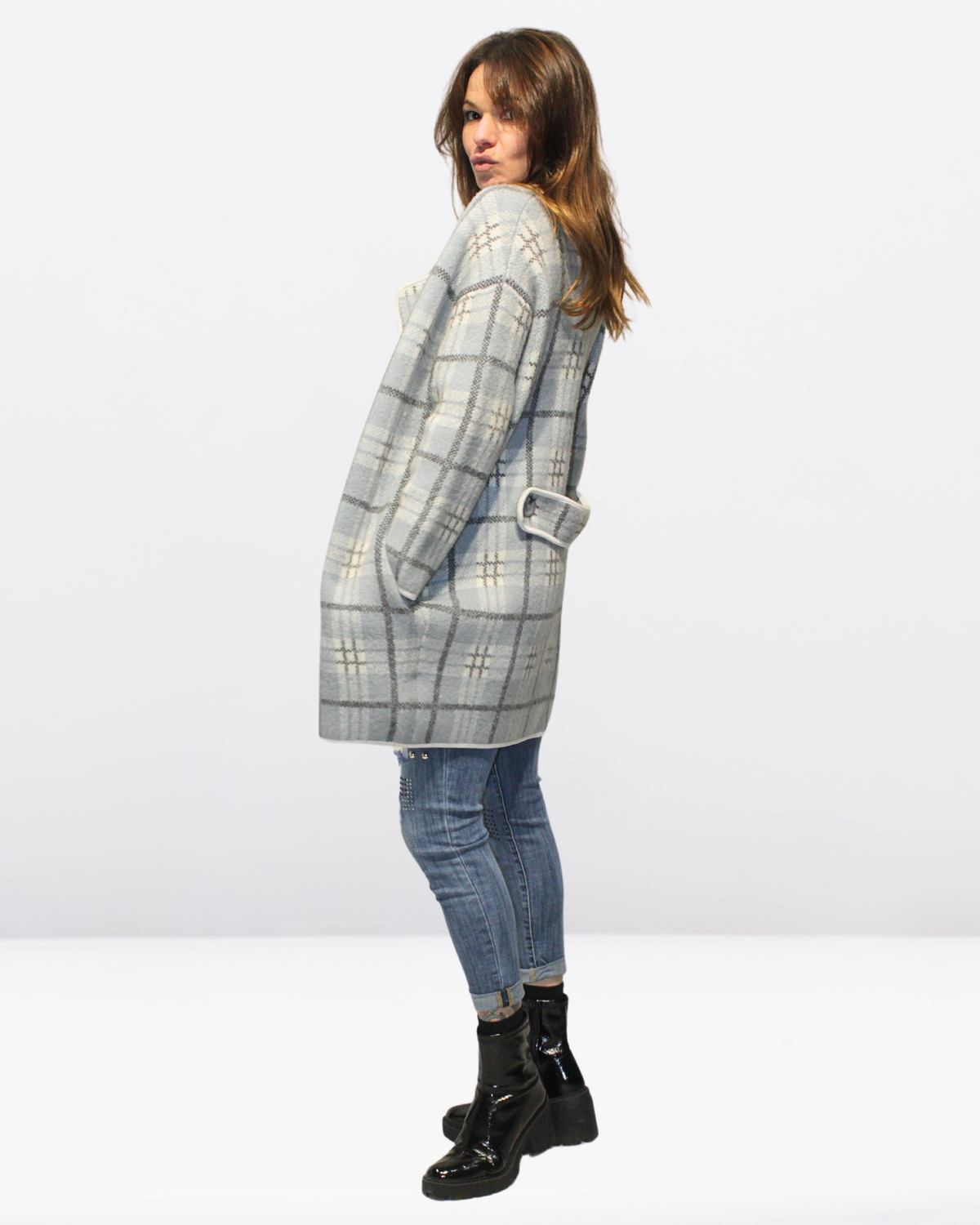 Chaqueta cardigan mujer, abrigo abierto cuadros grandes, modelo oversize elegante tejido suave gris talla S estilo urbano cómodo versátil cálido, bolsillos laterales, ideal otoño invierno ✅Entrega 24/48h