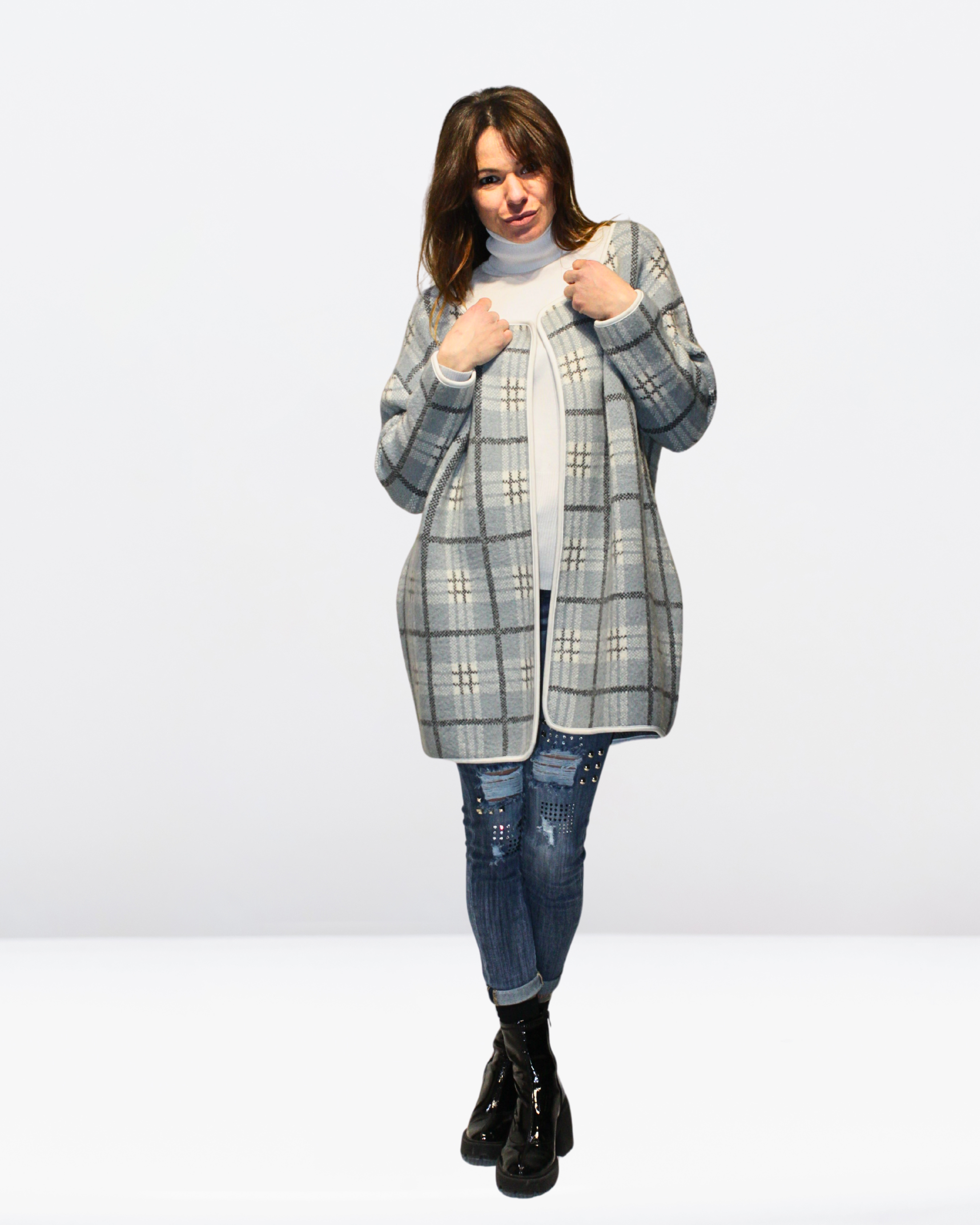 Chaqueta cardigan mujer, abrigo abierto cuadros grandes, modelo oversize elegante tejido suave gris talla S estilo urbano cómodo versátil cálido, bolsillos laterales, ideal otoño invierno ✅Entrega 24/48h