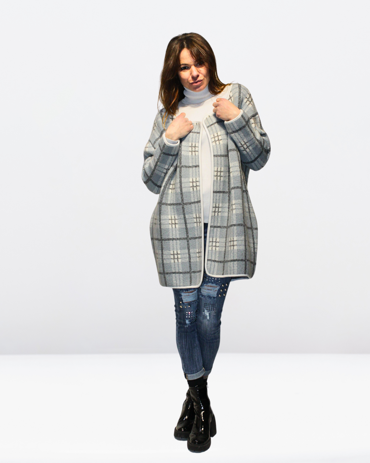 Chaqueta cardigan mujer, abrigo abierto cuadros grandes, modelo oversize elegante tejido suave gris talla S estilo urbano cómodo versátil cálido, bolsillos laterales, ideal otoño invierno ✅Entrega 24/48h