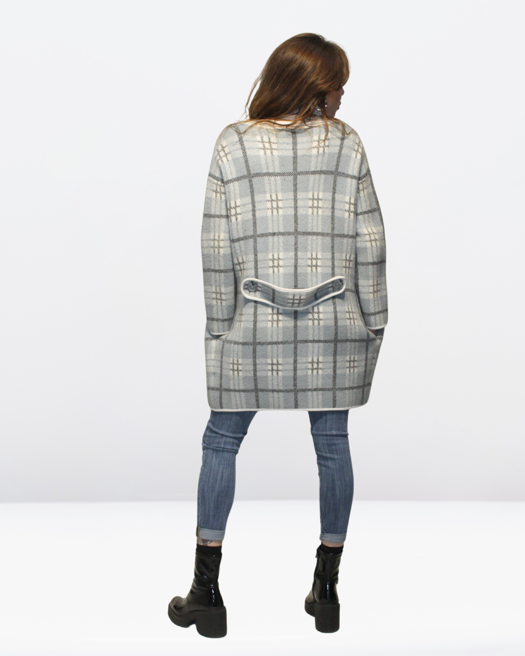 Chaqueta cardigan mujer, abrigo abierto cuadros grandes, modelo oversize elegante tejido suave gris talla S estilo urbano cómodo versátil cálido, bolsillos laterales, ideal otoño invierno ✅Entrega 24/48h