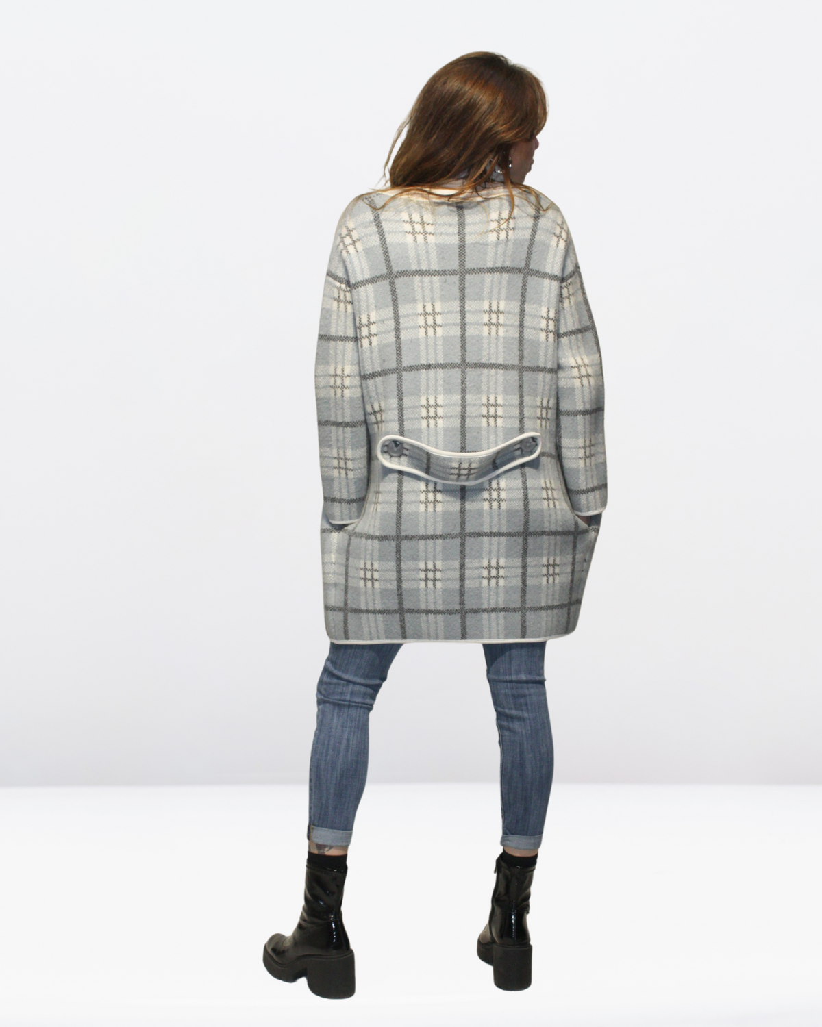 Chaqueta cardigan mujer, abrigo abierto cuadros grandes, modelo oversize elegante tejido suave gris talla S estilo urbano cómodo versátil cálido, bolsillos laterales, ideal otoño invierno ✅Entrega 24/48h