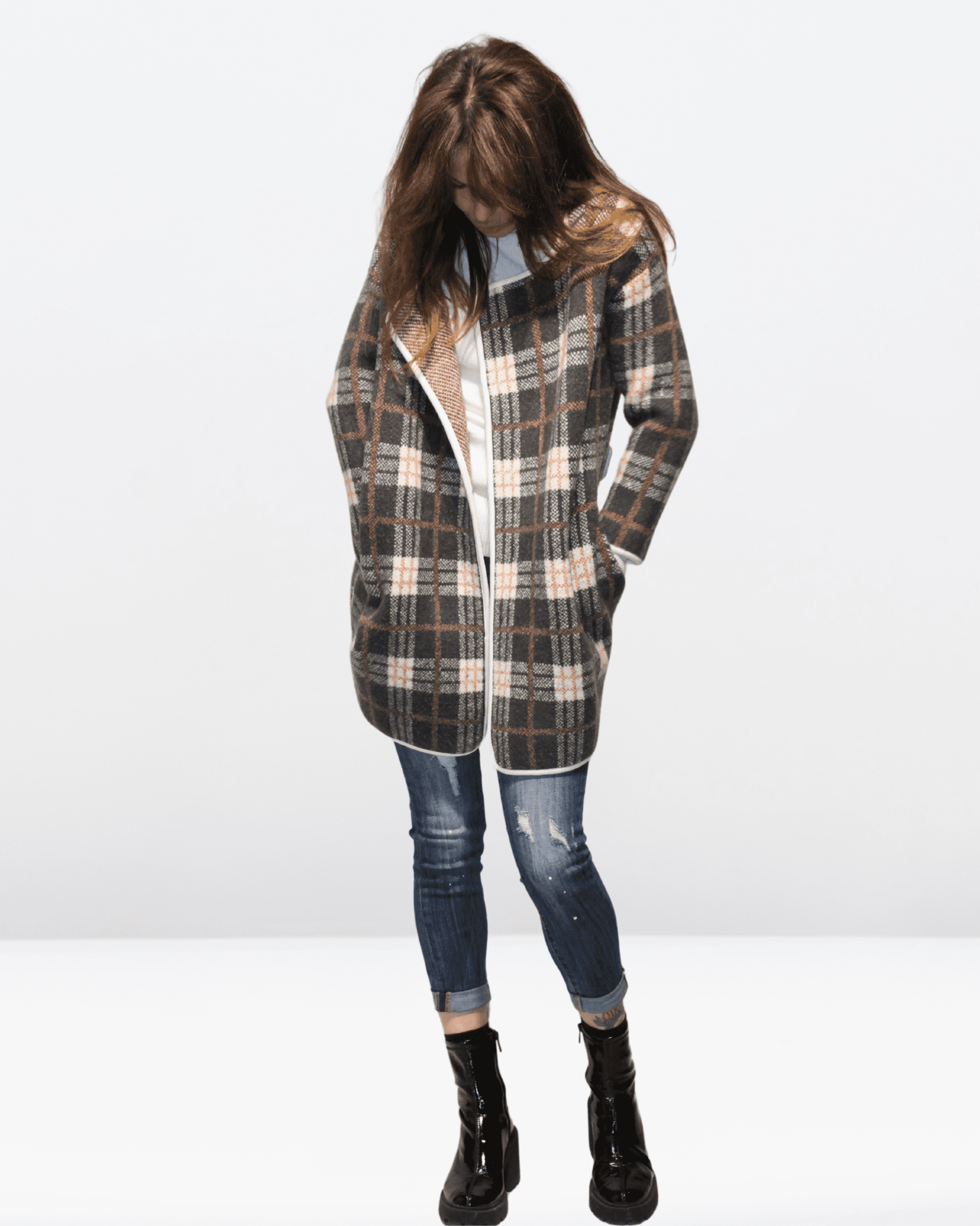 Chaqueta abierta mujer, abrigo cuadros, estilo casual largo, tejido suave, bolsillos laterales, corte holgado, color gris, talla S, cálida y versátil, ideal looks urbanos otoño invierno, cómoda y sofisticada ✅Entrega 24/48h