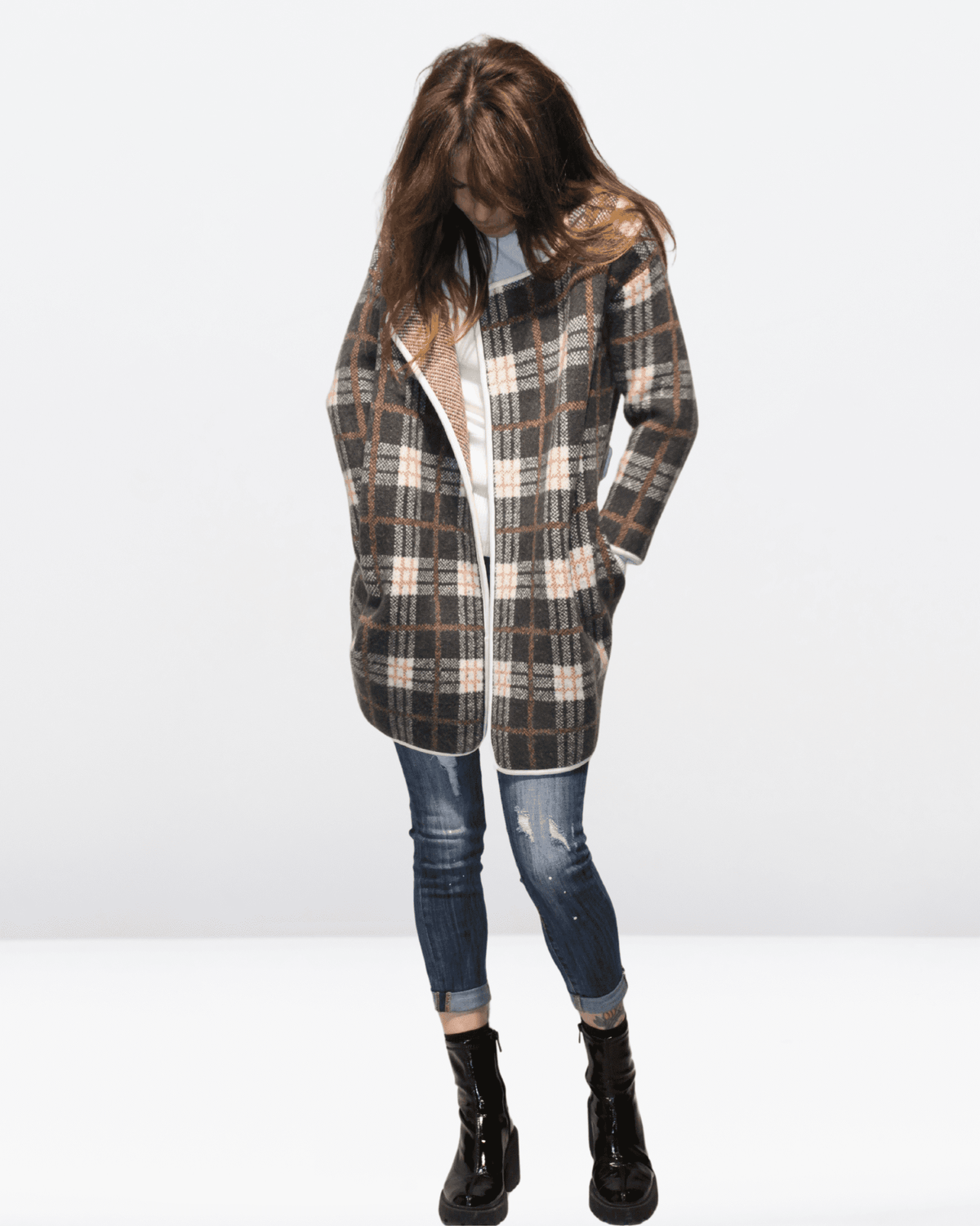 Chaqueta abierta mujer, abrigo cuadros, estilo casual largo, tejido suave, bolsillos laterales, corte holgado, color gris, talla S, cálida y versátil, ideal looks urbanos otoño invierno, cómoda y sofisticada ✅Entrega 24/48h