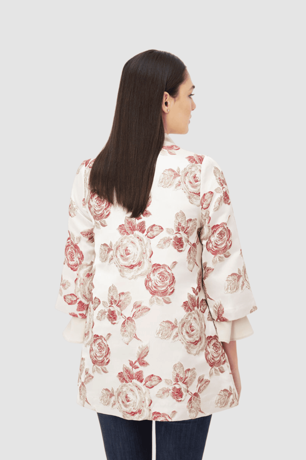 Chaqueta mujer, blazer, abrigo ligero Modaland 970599, bordada flores, manga 3/4, cuello redondo, cierre botón presión, elegancia diaria, disponible talla L, color rojo/beige ✅Entrega 24/48h