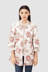 Chaqueta mujer, blazer, abrigo ligero Modaland 970599, bordada flores, manga 3/4, cuello redondo, cierre botón presión, elegancia diaria, disponible talla L, color rojo/beige ✅Entrega 24/48h
