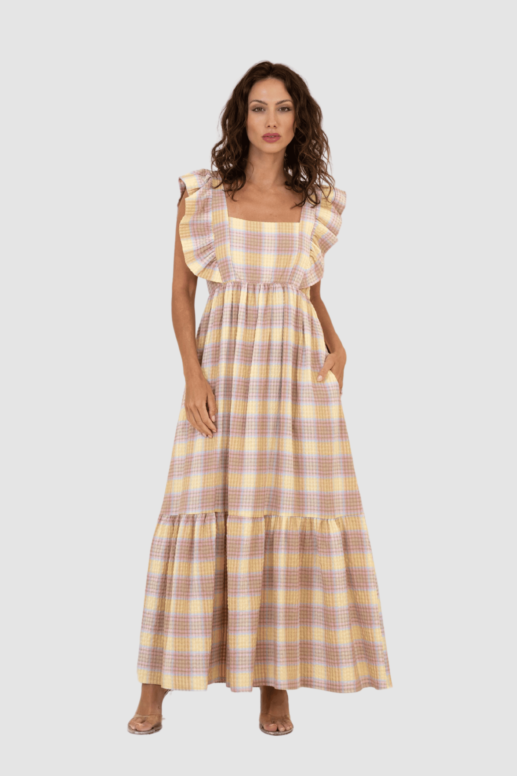 Vestido largo cuadros dress outfit cuadros pastel algodón suave volantes tirantes amplia falda estilo romántico talla única cómodo fresco versátil femenino tonos multicolor ✅Entrega 24/48h