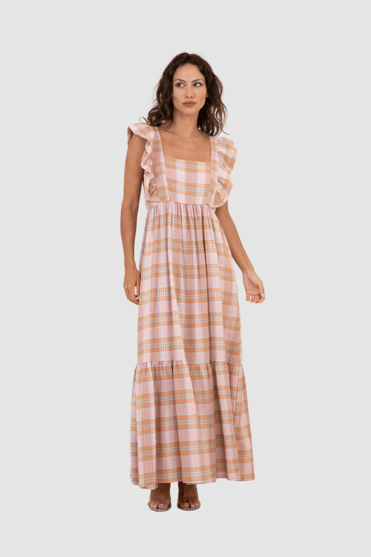 Vestido largo de mujer, dress maxi estampado cuadros multicolor, diseño romántico escote cuadrado, manga volantes, bolsillos laterales, espalda elástica, cierre lazada, cómodo y versátil, talla única, rosa ✅Entrega 24/48h