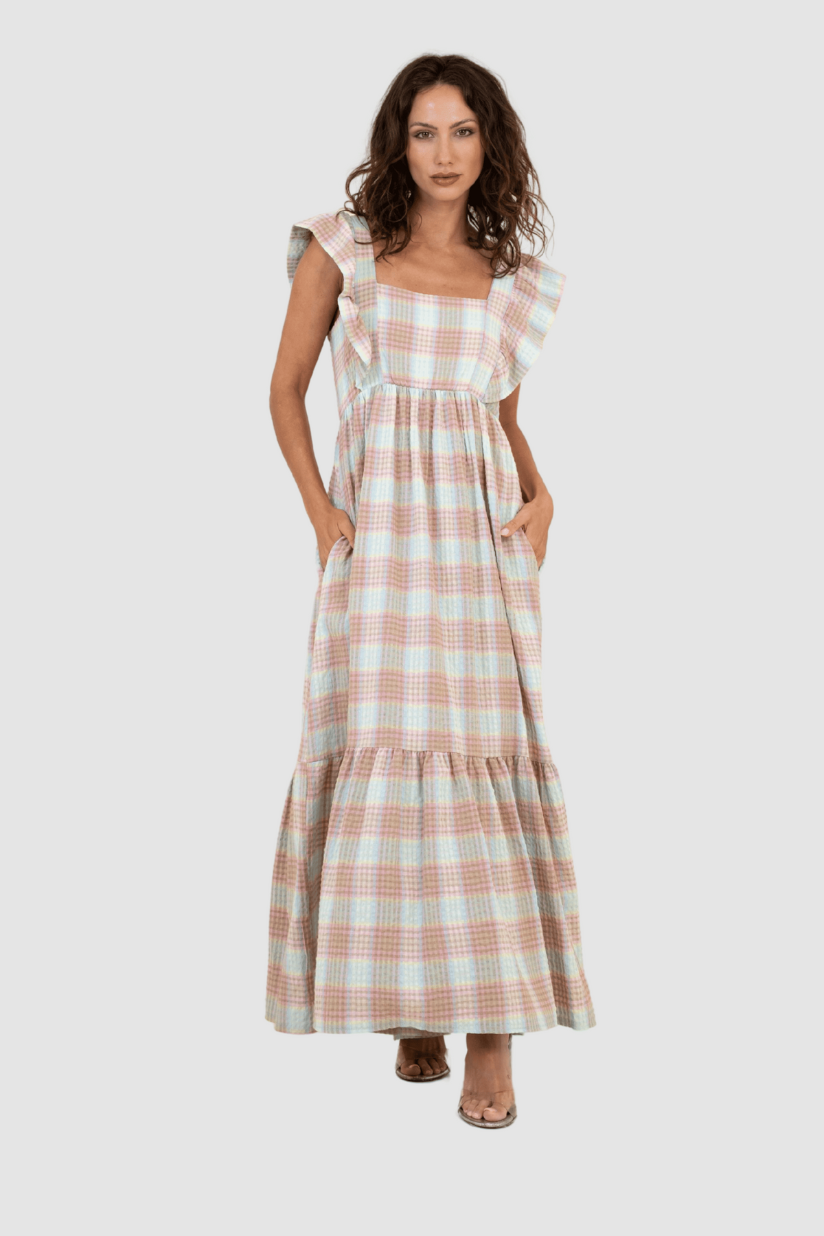 Vestido largo cuadros multicolor mujer, dress romántico, escote cuadrado, manga volante, bolsillos funcionales, volante bajo, lazo trasero, espalda elástica, talla única, cómodo, versátil, bohemio, verde ✅Entrega 24/48h