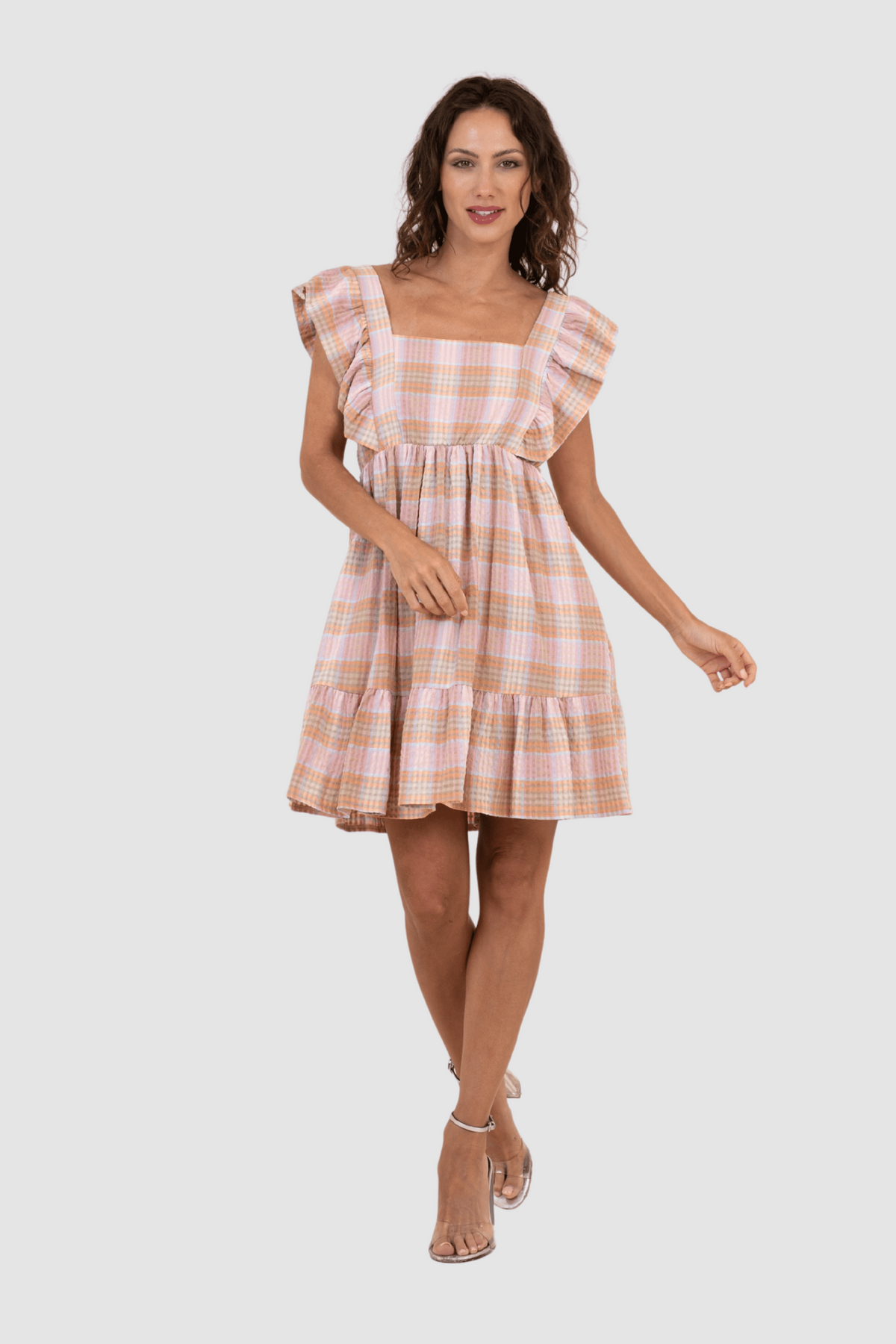 Vestido corto mujer cuadros multicolor, escote cuadrado, volantes, tejido fresco, espalda con lazo, corte evasé, ideal verano, cómodo elegante, talla única, rosa ✅Entrega 24/48h