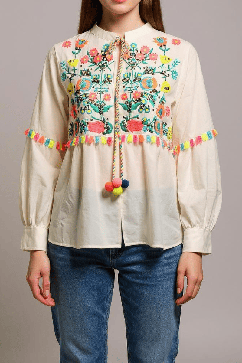 Chaqueta cardigan boho mujer, chaqueta ligera bordada, manga larga algodón, pompones, multicolor, fresca, cómoda, ideal combinaciones, talla S, tendencia primavera-verano, blanca ✅Entrega 24/48h