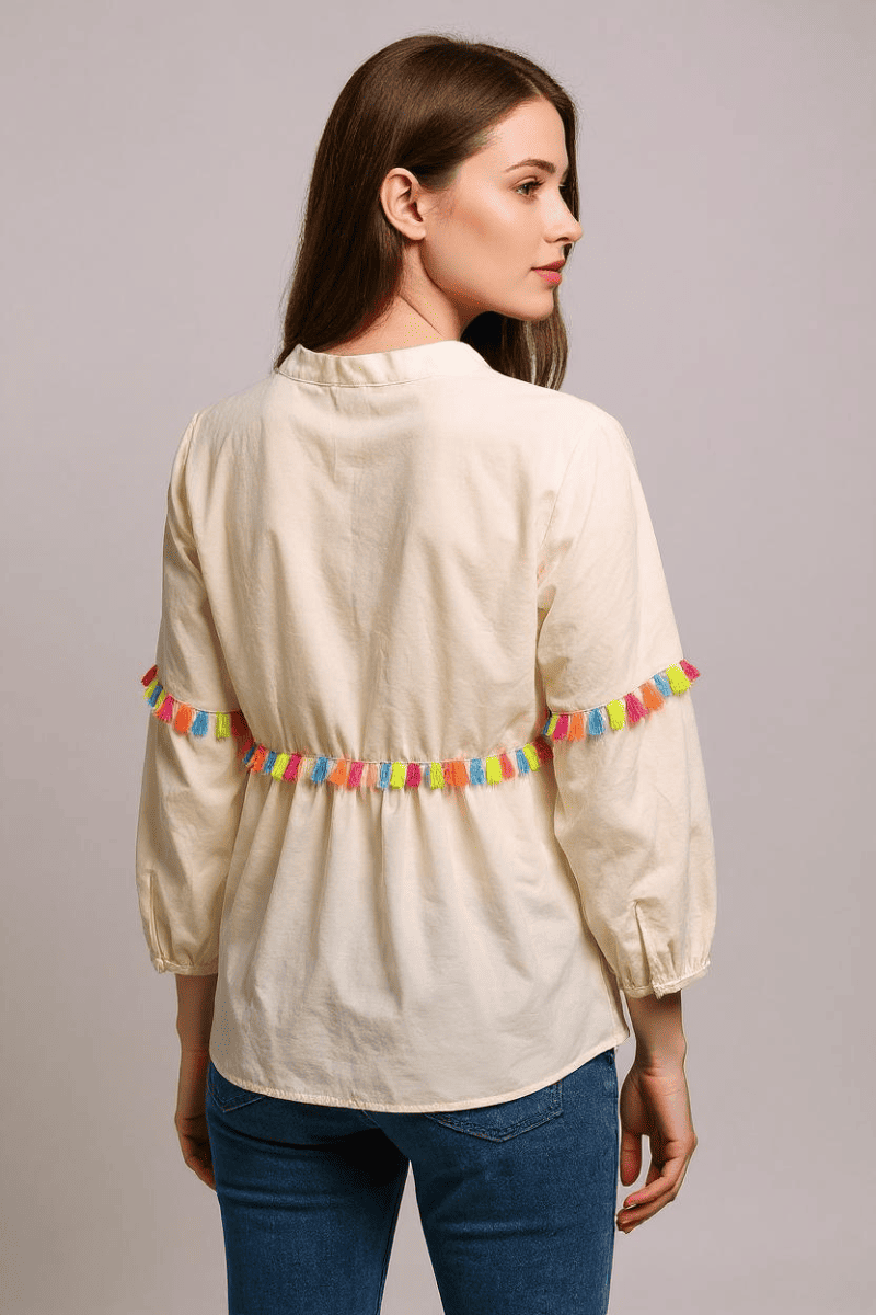 Chaqueta cardigan boho mujer, chaqueta ligera bordada, manga larga algodón, pompones, multicolor, fresca, cómoda, ideal combinaciones, talla S, tendencia primavera-verano, blanca ✅Entrega 24/48h