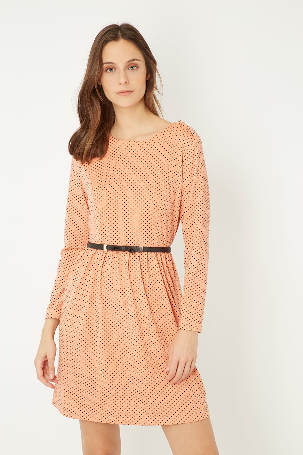 Vestido mujer corto lunares manga larga cinturón extraíble AN-010019 elegante cómodo cuello redondo botones hombros cremallera trasera talla L estilo casual naranja ✅Entrega 24/48h