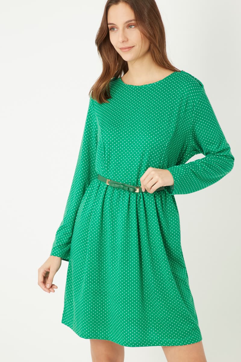Vestido corto lunares, dress elegante manga larga, cinturón ajustable, tela suave, corte fluido, estilo atemporal, verde, talla L, realza figura, ideal eventos u oficina, variaciones multicolor, cómodo y versátil ✅Entrega 24/48h