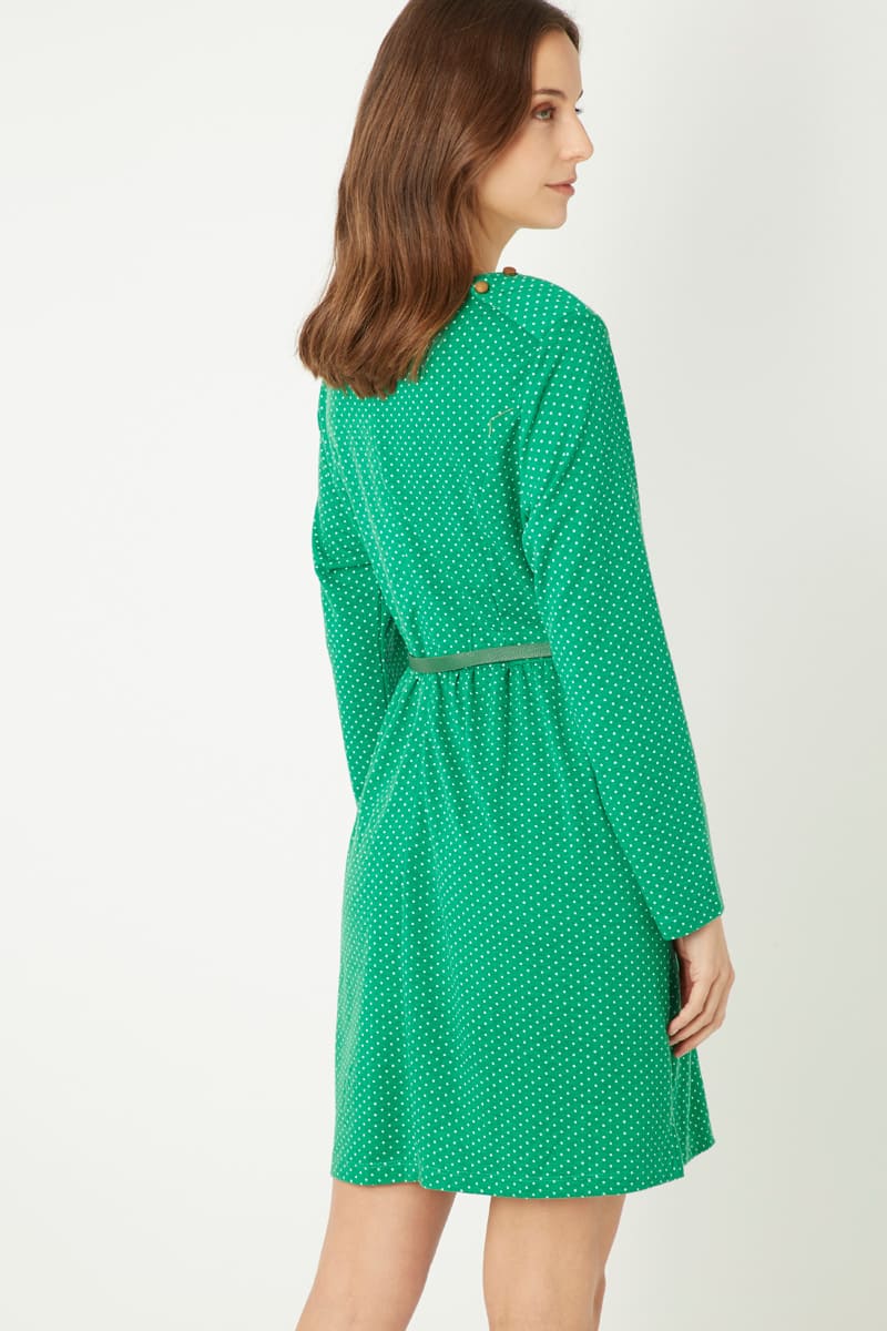 Vestido corto lunares, dress elegante manga larga, cinturón ajustable, tela suave, corte fluido, estilo atemporal, verde, talla L, realza figura, ideal eventos u oficina, variaciones multicolor, cómodo y versátil ✅Entrega 24/48h