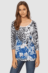 Camiseta mujer, blusa estampada, diseño flores abstractas, manga 3/4, cuello redondo amplio, estilo casual, cómoda y fresca, modelo AN-010116, color azul, talla 38, ideal primavera/verano ✅Entrega 24/48h
