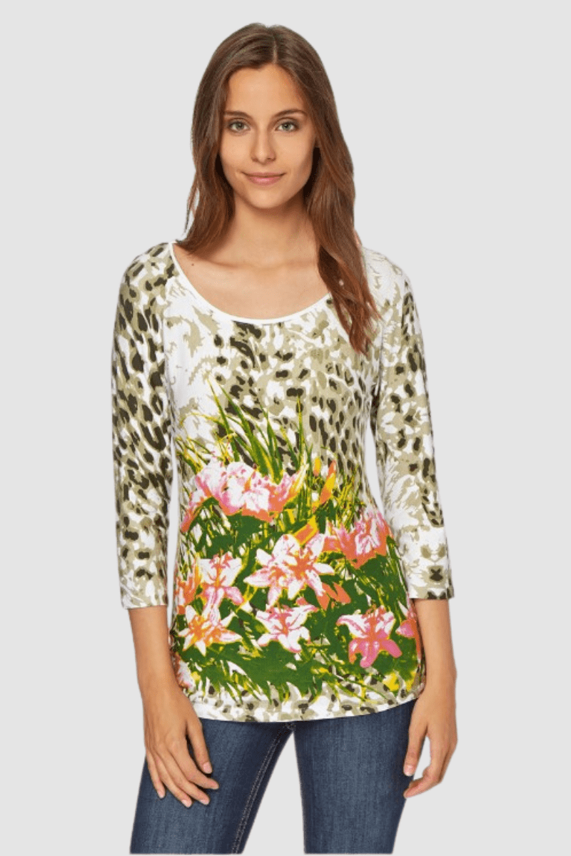 Camiseta mujer, blusa floral, manga tres cuartos, cuello redondo, diseño estampado flores, estilo casual, corte recto, color blanco multicolor, talla 38, cómoda, ideal primavera verano ✅Entrega 24/48h