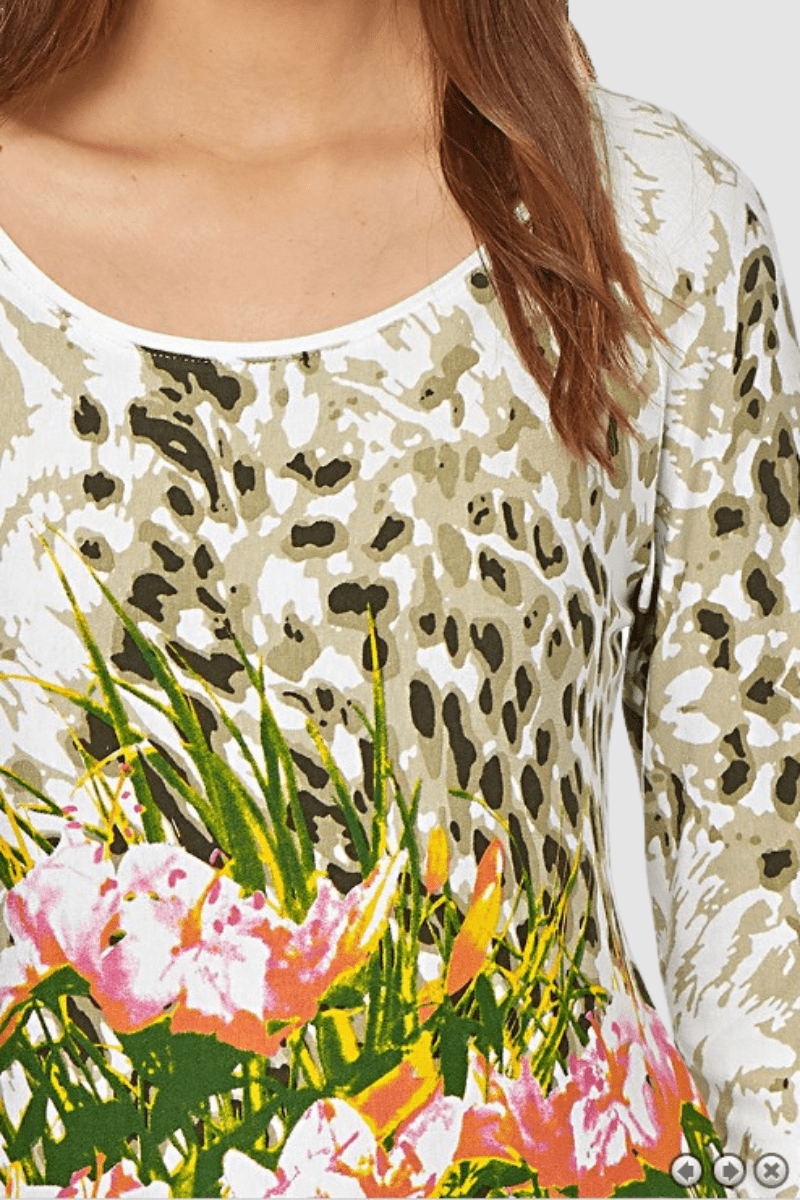 Camiseta mujer, blusa floral, manga tres cuartos, cuello redondo, diseño estampado flores, estilo casual, corte recto, color blanco multicolor, talla 38, cómoda, ideal primavera verano ✅Entrega 24/48h