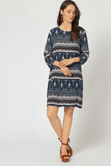 Vestido mujer corto dress manga larga estampado geométrico bohemio urbano talla 40 azul moda primavera outfit fresco cómodo versátil sandalias botines elegante casual ✅Entrega 24/48h