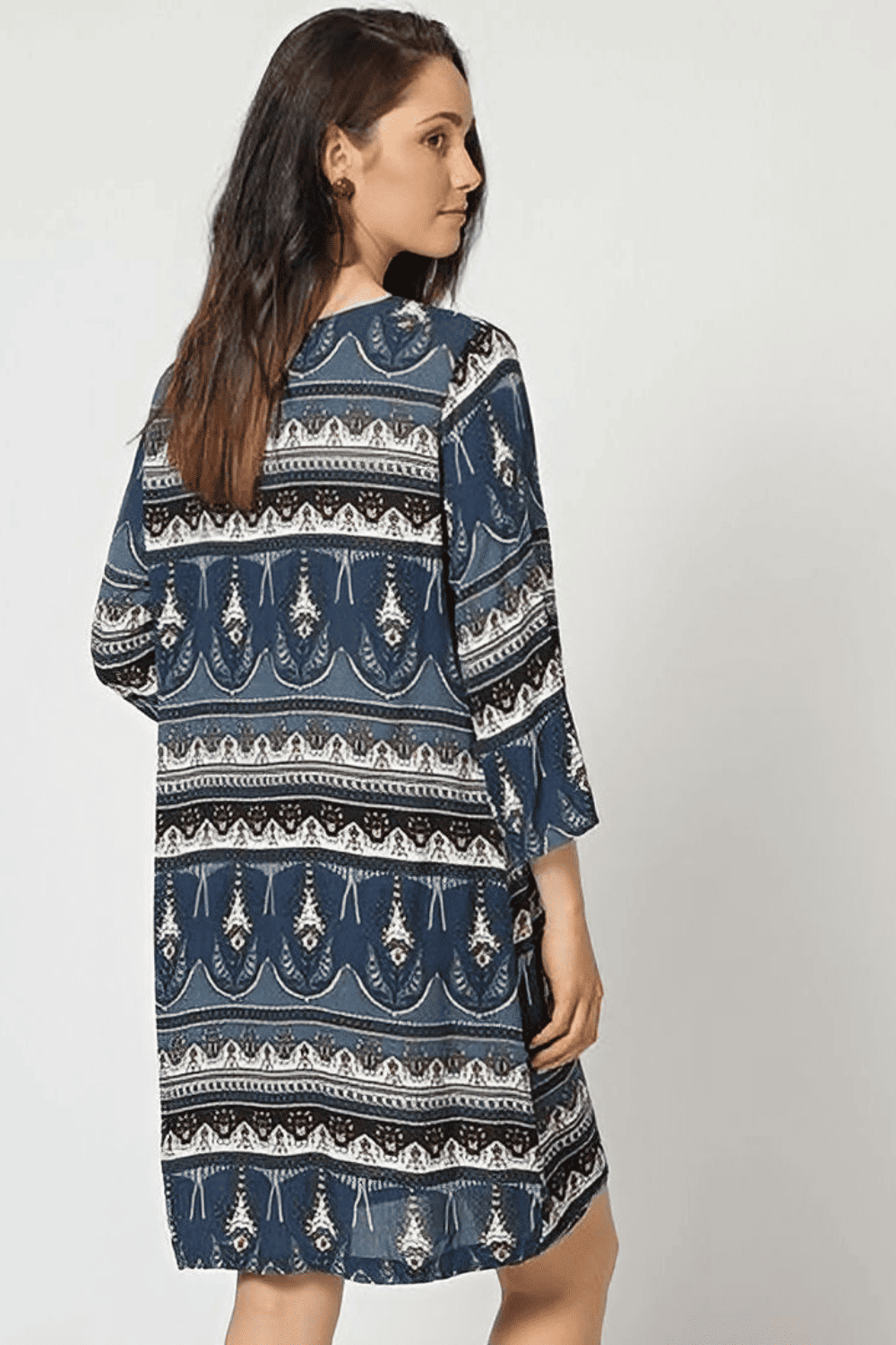 Vestido mujer corto dress manga larga estampado geométrico bohemio urbano talla 40 azul moda primavera outfit fresco cómodo versátil sandalias botines elegante casual ✅Entrega 24/48h