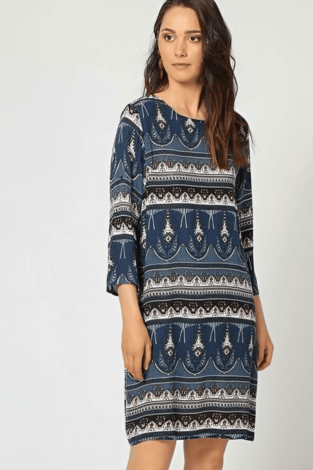 Vestido mujer corto dress manga larga estampado geométrico bohemio urbano talla 40 azul moda primavera outfit fresco cómodo versátil sandalias botines elegante casual ✅Entrega 24/48h
